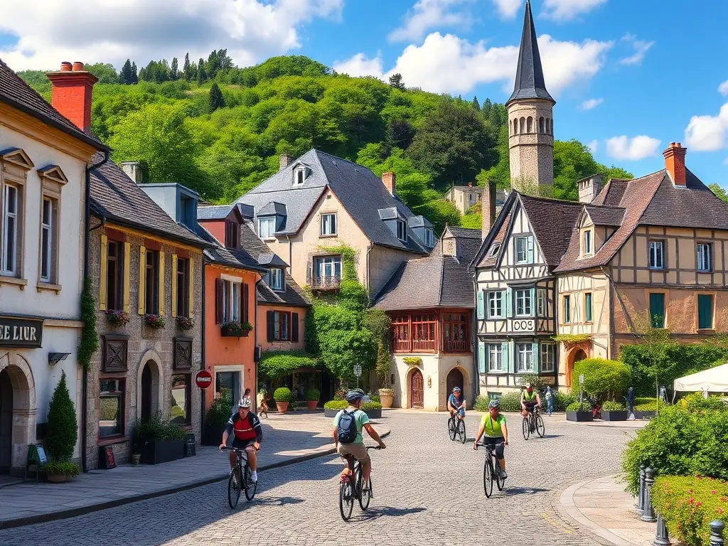 A scenic image of Saint-Flour, highlighting its beautiful landscapes and cultural attractions, with cyclists riding through the town.