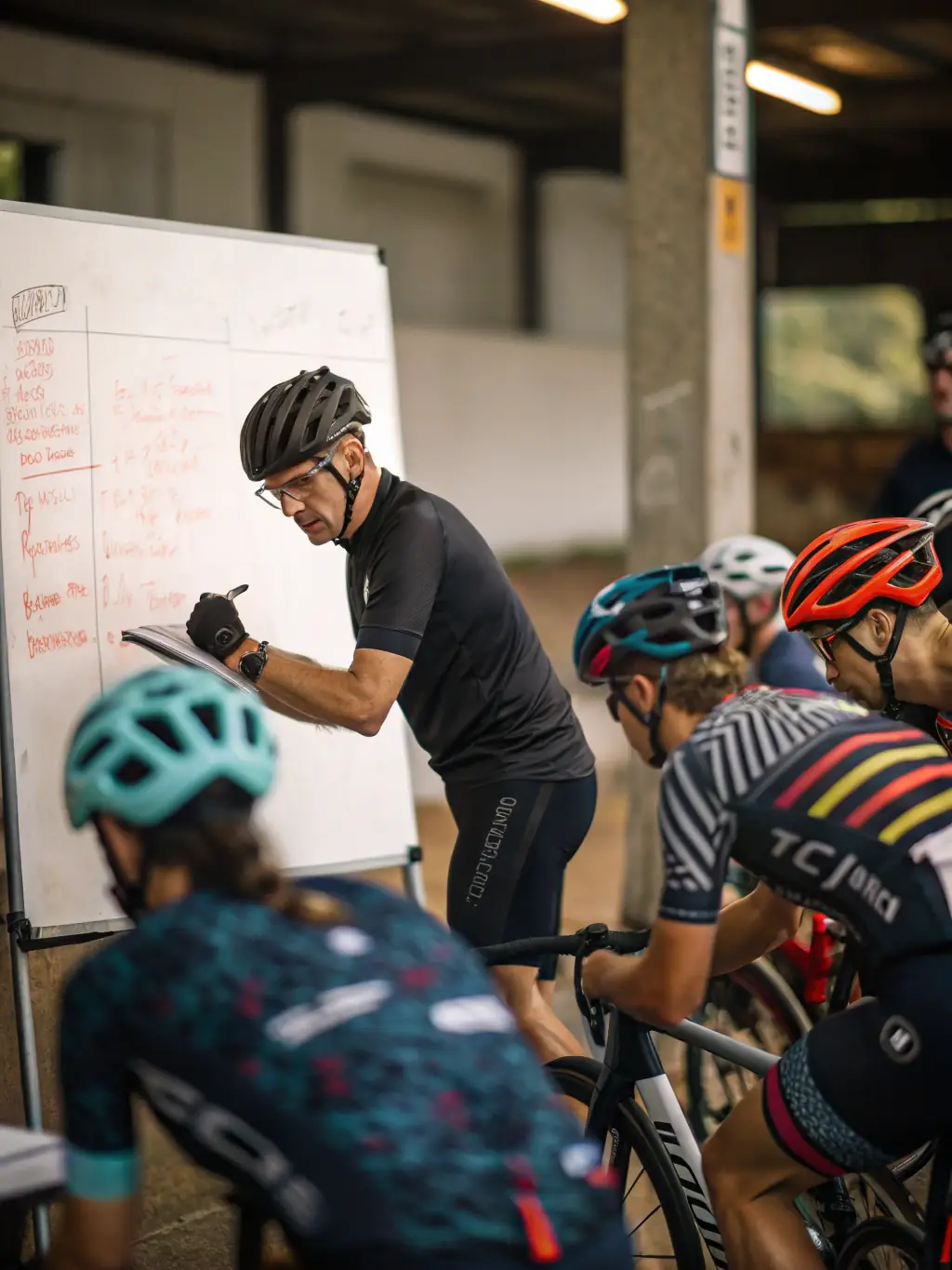 A workshop or training session focused on cycling safety and maintenance, with participants learning from experienced instructors. The image should convey a sense of learning, skill-building, and empowerment.