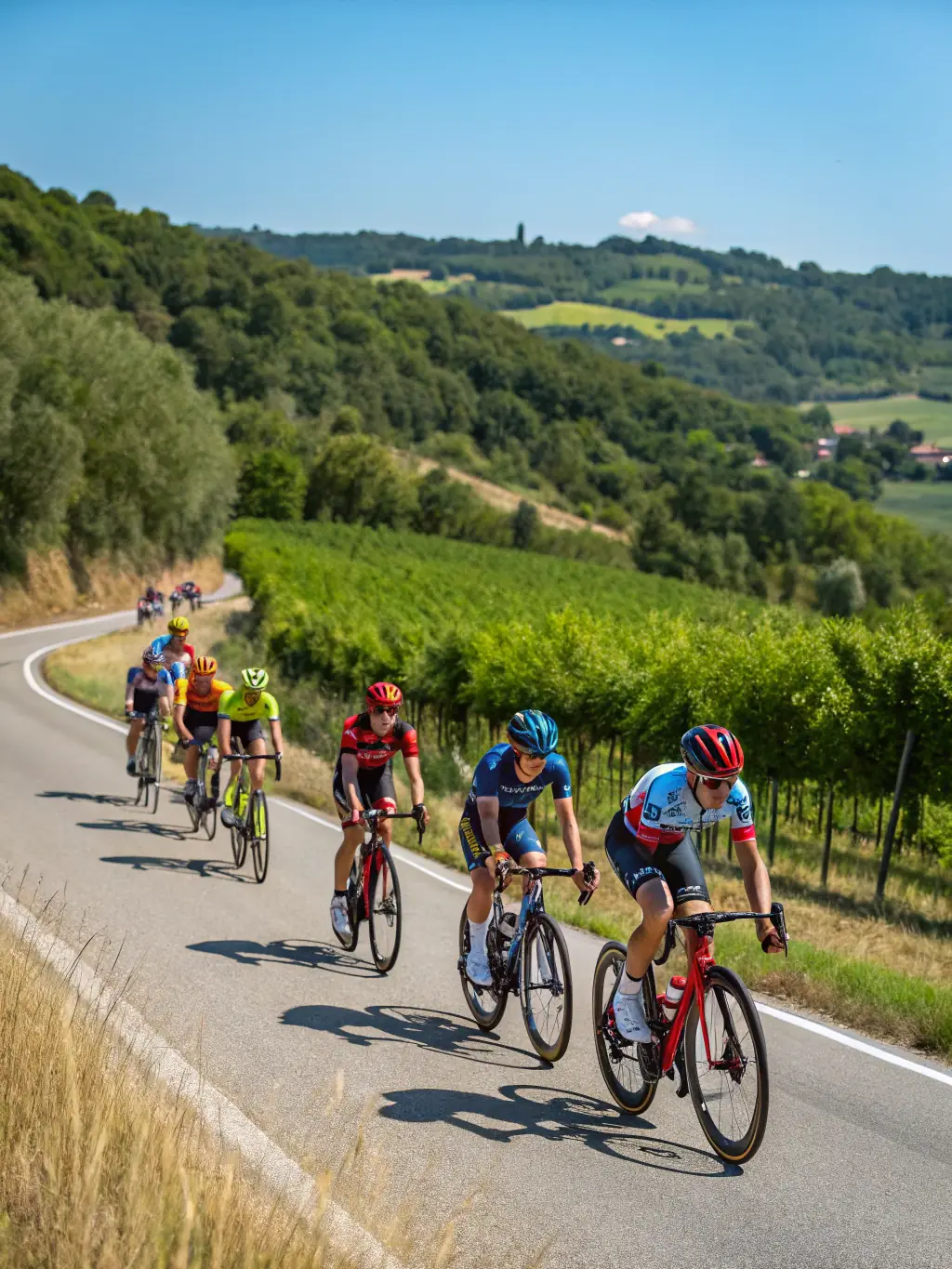 A group of cyclists participating in the annual L'Etape Sanfloraine event, riding through the scenic countryside of Saint-Flour, France. The image should convey a sense of community, health, and the beauty of the region.