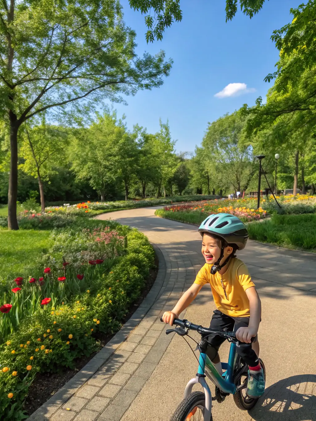 A group of children participating in a cycling-related activity, such as a bike rodeo or a learn-to-ride program. The image should convey a sense of fun, learning, and the promotion of healthy habits from a young age.